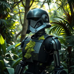 A striking portrayal of the K-2SO security droid from the Star Wars universe, featuring a sleek, black metallic design with subtle scratches and weathering, indicating its battle-worn history
