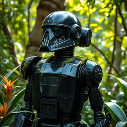 A striking portrayal of the K-2SO security droid from the Star Wars universe, featuring a sleek, black metallic design with subtle scratches and weathering, indicating its battle-worn history