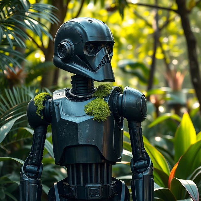 A striking portrayal of the K-2SO security droid from the Star Wars universe, featuring a sleek, black metallic design with subtle scratches and weathering, indicating its battle-worn history