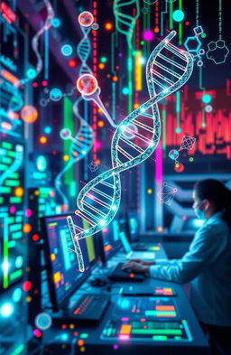 An abstract representation of bioinformatics, showcasing a blend of scientific elements such as DNA strands, molecular structures, and computer algorithms