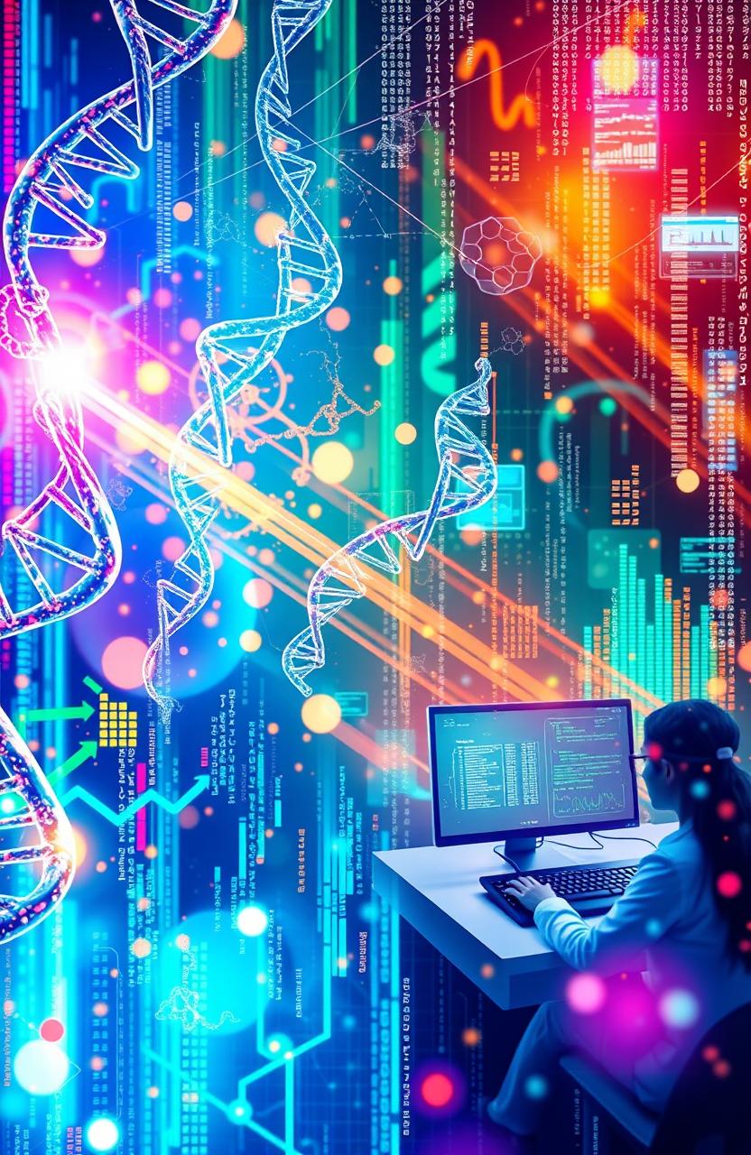 An abstract representation of bioinformatics, showcasing a blend of scientific elements such as DNA strands, molecular structures, and computer algorithms