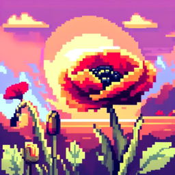 Pixel art PFP featuring a vibrant poppy against a golden sunset background.