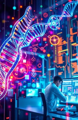 An abstract representation of bioinformatics, showcasing a blend of scientific elements such as DNA strands, molecular structures, and computer algorithms