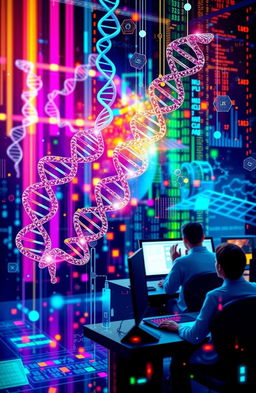 An abstract representation of bioinformatics, showcasing a blend of scientific elements such as DNA strands, molecular structures, and computer algorithms