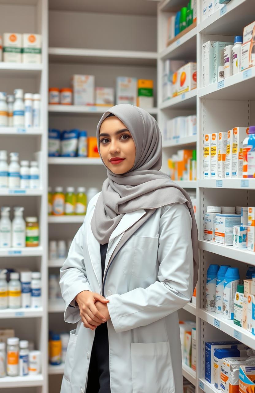 A woman wearing a stylish hijab is standing discreetly beside a medicine shelf inside a well-organized pharmacy