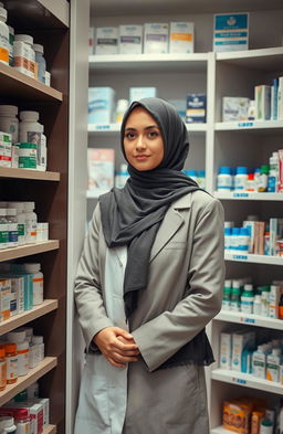 A woman wearing a stylish hijab is standing discreetly beside a medicine shelf inside a well-organized pharmacy