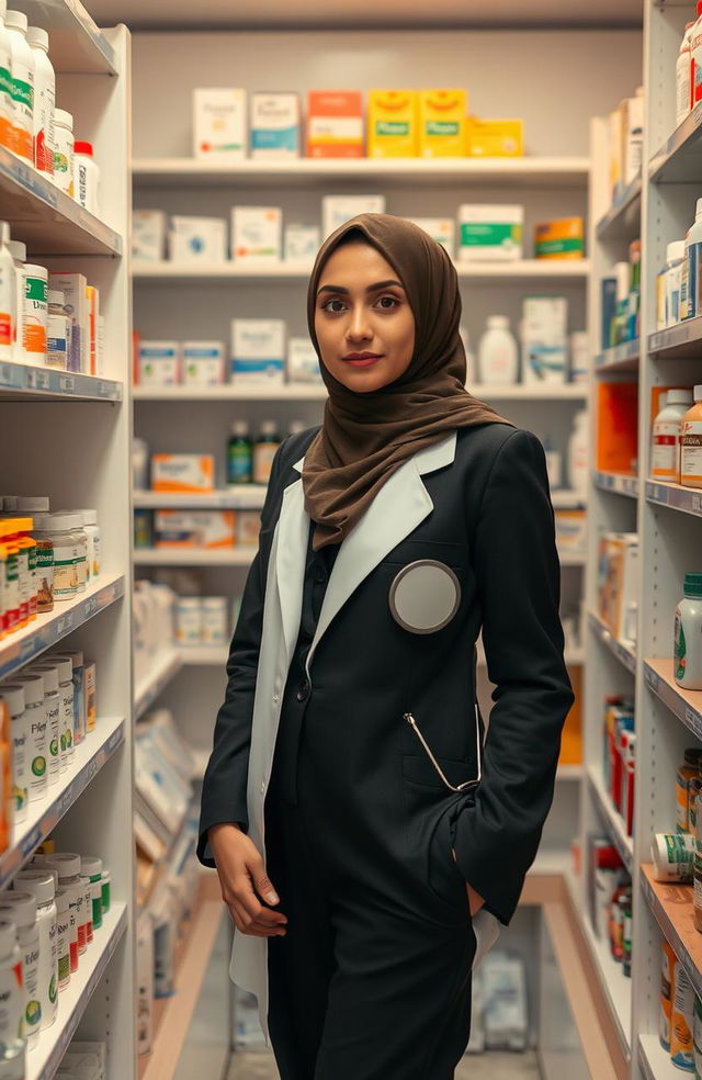 A woman wearing a stylish hijab is standing discreetly beside a medicine shelf inside a well-organized pharmacy