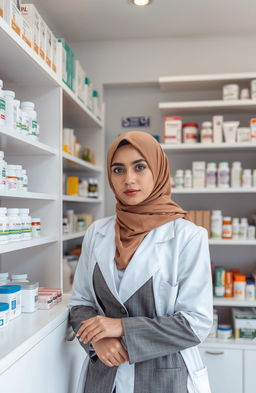 A woman wearing a stylish hijab is standing discreetly beside a medicine shelf inside a well-organized pharmacy