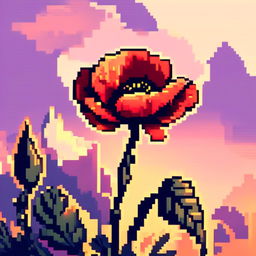 Pixel art PFP featuring a vibrant poppy against a golden sunset background.