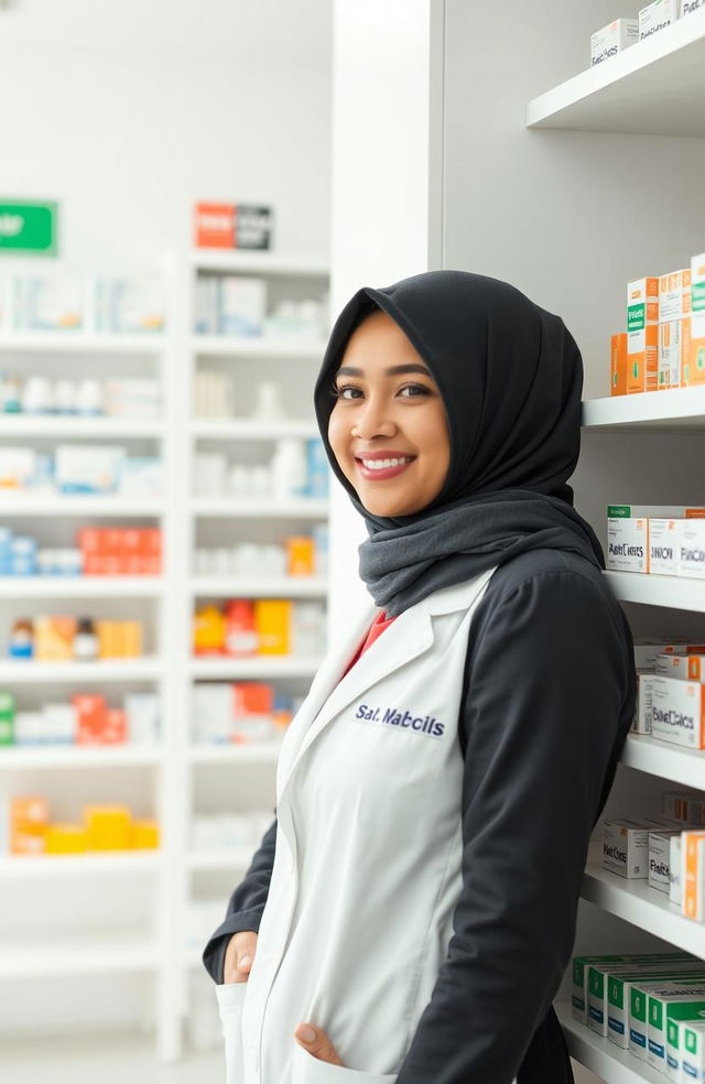 A woman wearing a stylish hijab, partially hiding behind a tall medicine shelf in a bright pharmacy