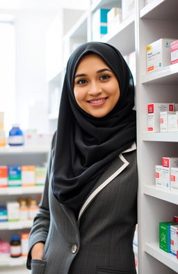 A woman wearing a stylish hijab, partially hiding behind a tall medicine shelf in a bright pharmacy