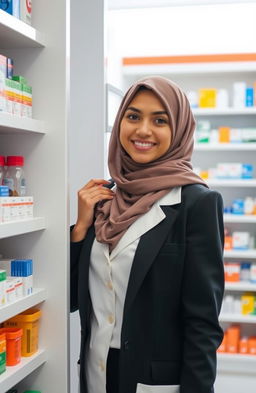A woman wearing a stylish hijab, partially hiding behind a tall medicine shelf in a bright pharmacy