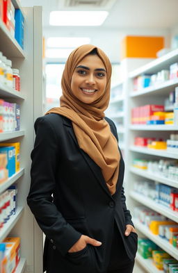 A woman wearing a stylish hijab, partially hiding behind a tall medicine shelf in a bright pharmacy