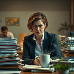 A dramatic office scene depicting a woman in her late 30s with a frustrated expression, dressed in a stylish blazer, sitting at a cluttered desk overflowing with files and a steaming coffee cup