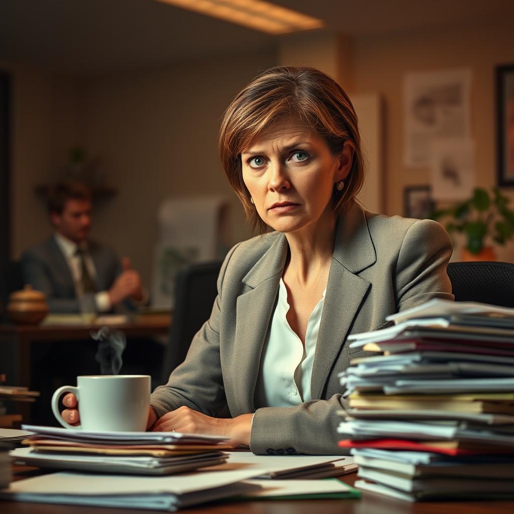 A dramatic office scene depicting a woman in her late 30s with a frustrated expression, dressed in a stylish blazer, sitting at a cluttered desk overflowing with files and a steaming coffee cup