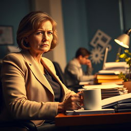 A dramatic office scene depicting a woman in her late 30s with a frustrated expression, dressed in a stylish blazer, sitting at a cluttered desk overflowing with files and a steaming coffee cup