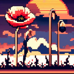 Pixel art PFP featuring a vibrant poppy against a golden sunset background.