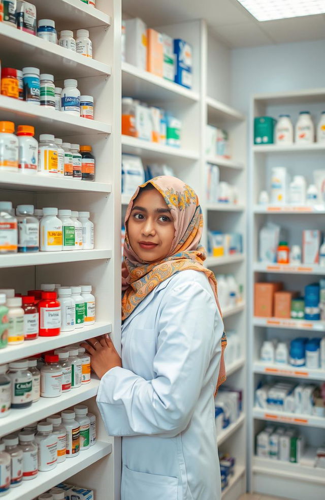 A woman wearing a colorful hijab, partially hidden behind a tall medicine shelf in a well-organized pharmacy