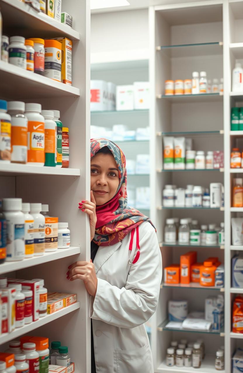 A woman wearing a colorful hijab, partially hidden behind a tall medicine shelf in a well-organized pharmacy