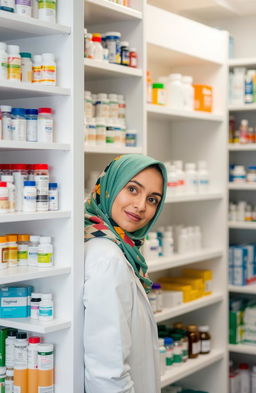 A woman wearing a colorful hijab, partially hidden behind a tall medicine shelf in a well-organized pharmacy