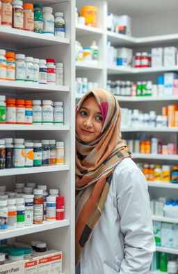 A woman wearing a colorful hijab, partially hidden behind a tall medicine shelf in a well-organized pharmacy