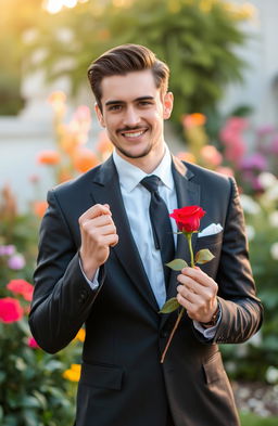 A dapper man dressed in a tailored suit, holding a vibrant red rose in his right hand