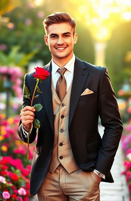 A dapper man dressed in a tailored suit, holding a vibrant red rose in his right hand