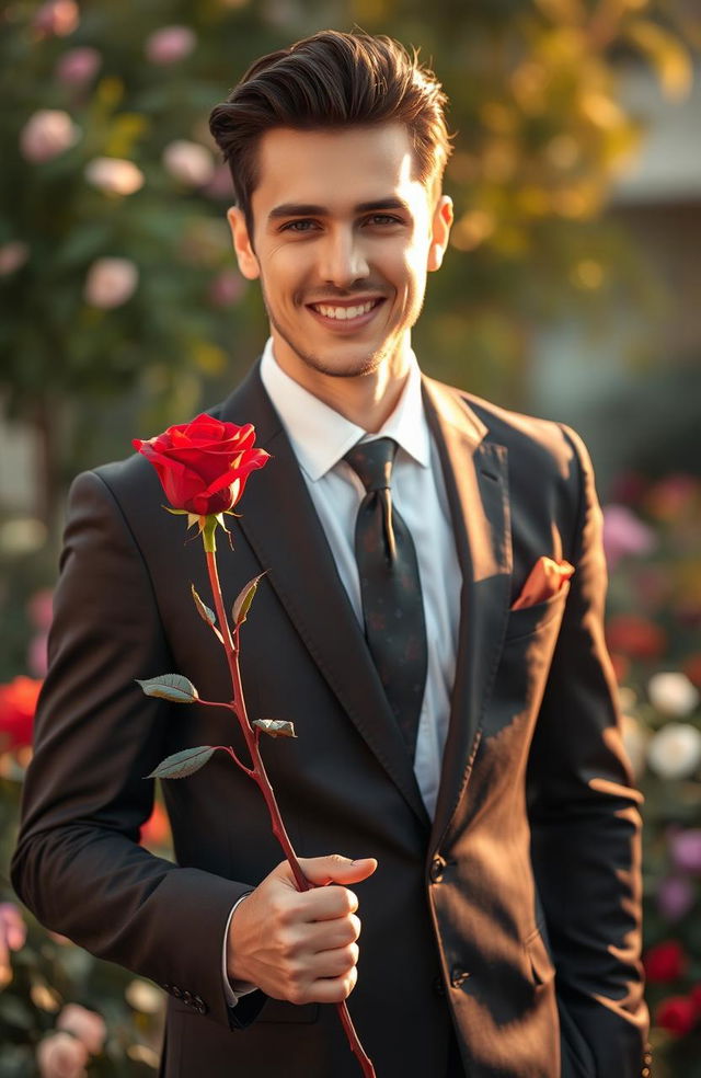 A dapper man dressed in a tailored suit, holding a vibrant red rose in his right hand