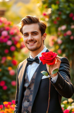 A dapper man dressed in a tailored suit, holding a vibrant red rose in his right hand