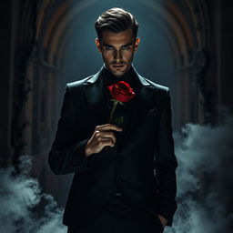 A mysterious man dressed in a dark, tailored suit, holding a deep red rose between his fingers