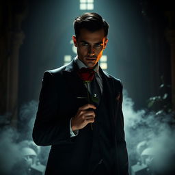 A mysterious man dressed in a dark, tailored suit, holding a deep red rose between his fingers