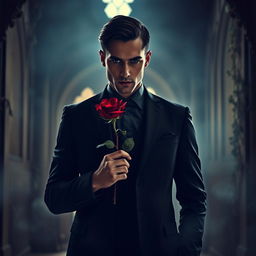 A mysterious man dressed in a dark, tailored suit, holding a deep red rose between his fingers