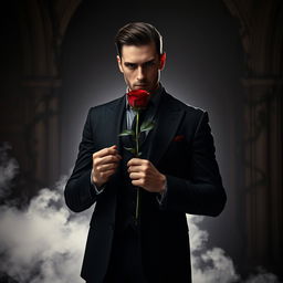 A mysterious man dressed in a dark, tailored suit, holding a deep red rose between his fingers