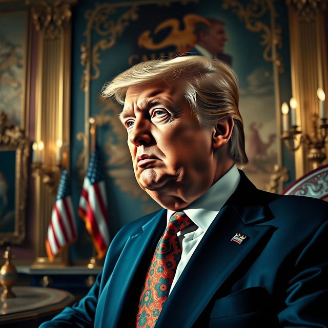 A surreal artistic depiction of Donald Trump, styled as a grand historical portrait in a lavish setting