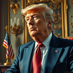 A surreal artistic depiction of Donald Trump, styled as a grand historical portrait in a lavish setting