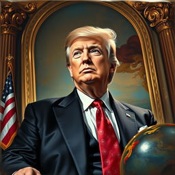 A surreal artistic depiction of Donald Trump, styled as a grand historical portrait in a lavish setting
