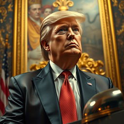 A surreal artistic depiction of Donald Trump, styled as a grand historical portrait in a lavish setting