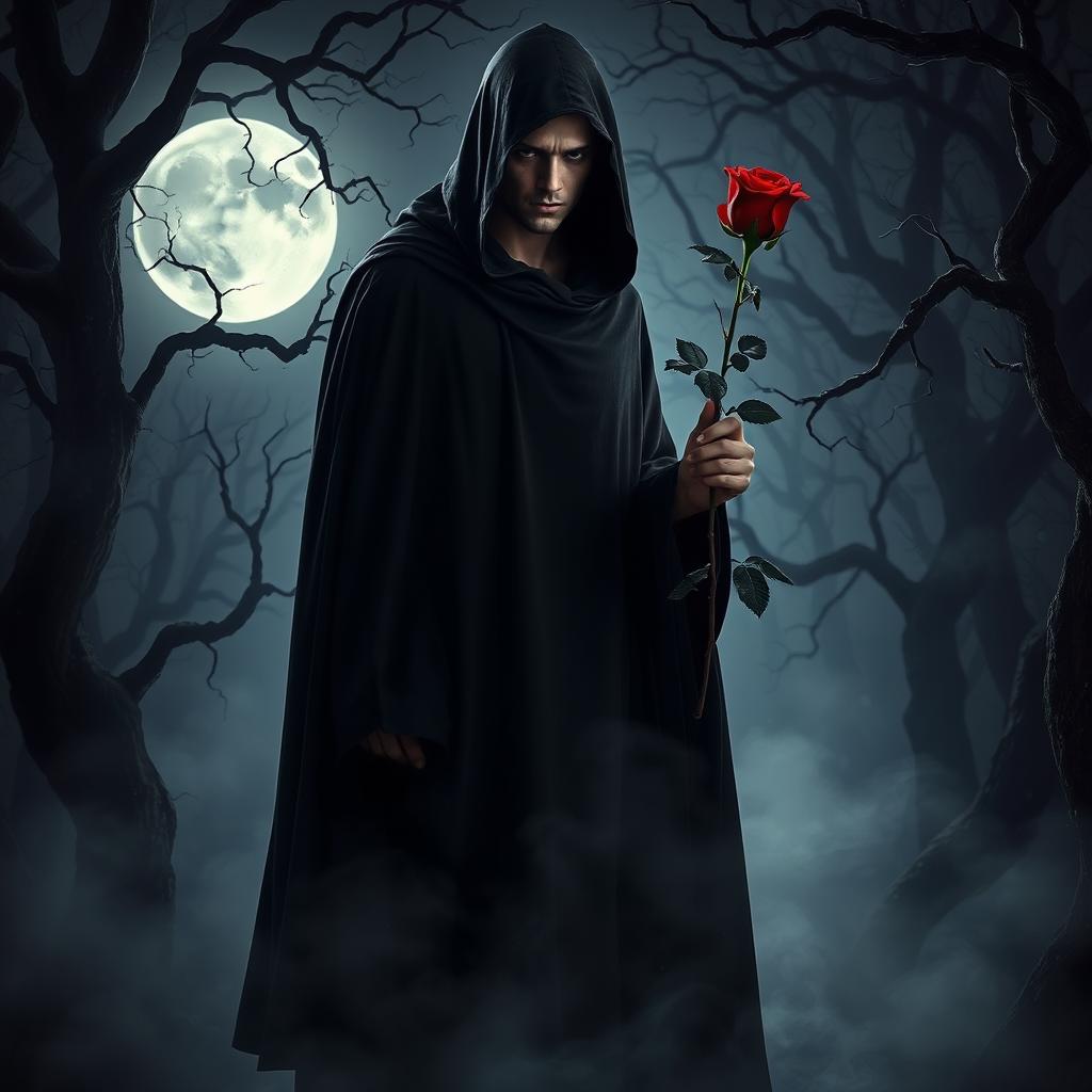 A brooding figure in a dark, flowing cloak standing in a moonlit forest, holding a deep red rose in one hand