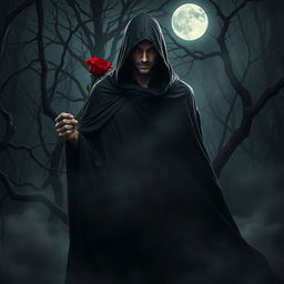 A brooding figure in a dark, flowing cloak standing in a moonlit forest, holding a deep red rose in one hand