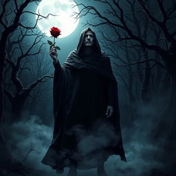 A brooding figure in a dark, flowing cloak standing in a moonlit forest, holding a deep red rose in one hand