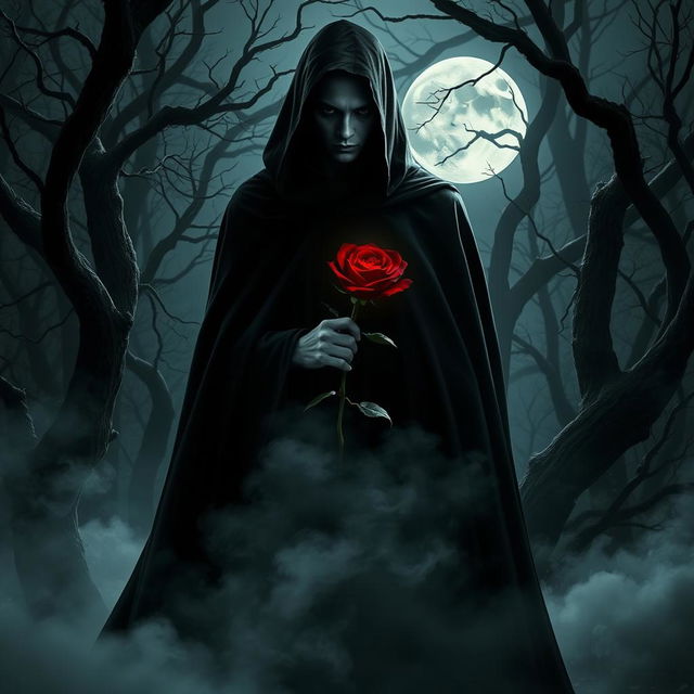 A brooding figure in a dark, flowing cloak standing in a moonlit forest, holding a deep red rose in one hand