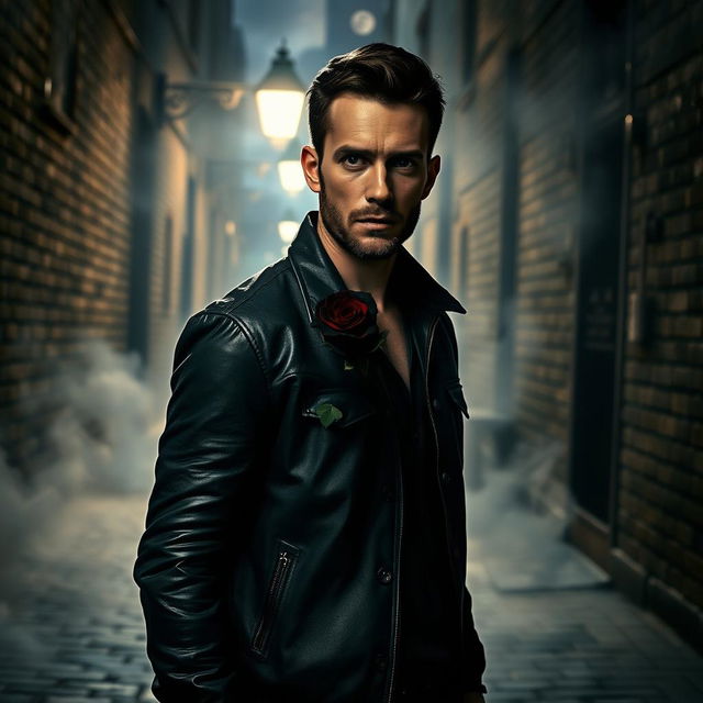 A man with a rugged appearance, wearing a dark leather jacket, stands in a dimly lit alley under a flickering streetlight, holding a velvety black rose in one hand