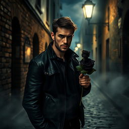 A man with a rugged appearance, wearing a dark leather jacket, stands in a dimly lit alley under a flickering streetlight, holding a velvety black rose in one hand