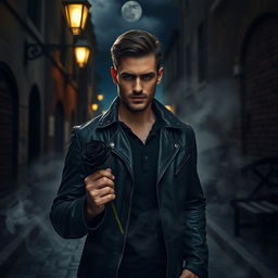 A man with a rugged appearance, wearing a dark leather jacket, stands in a dimly lit alley under a flickering streetlight, holding a velvety black rose in one hand