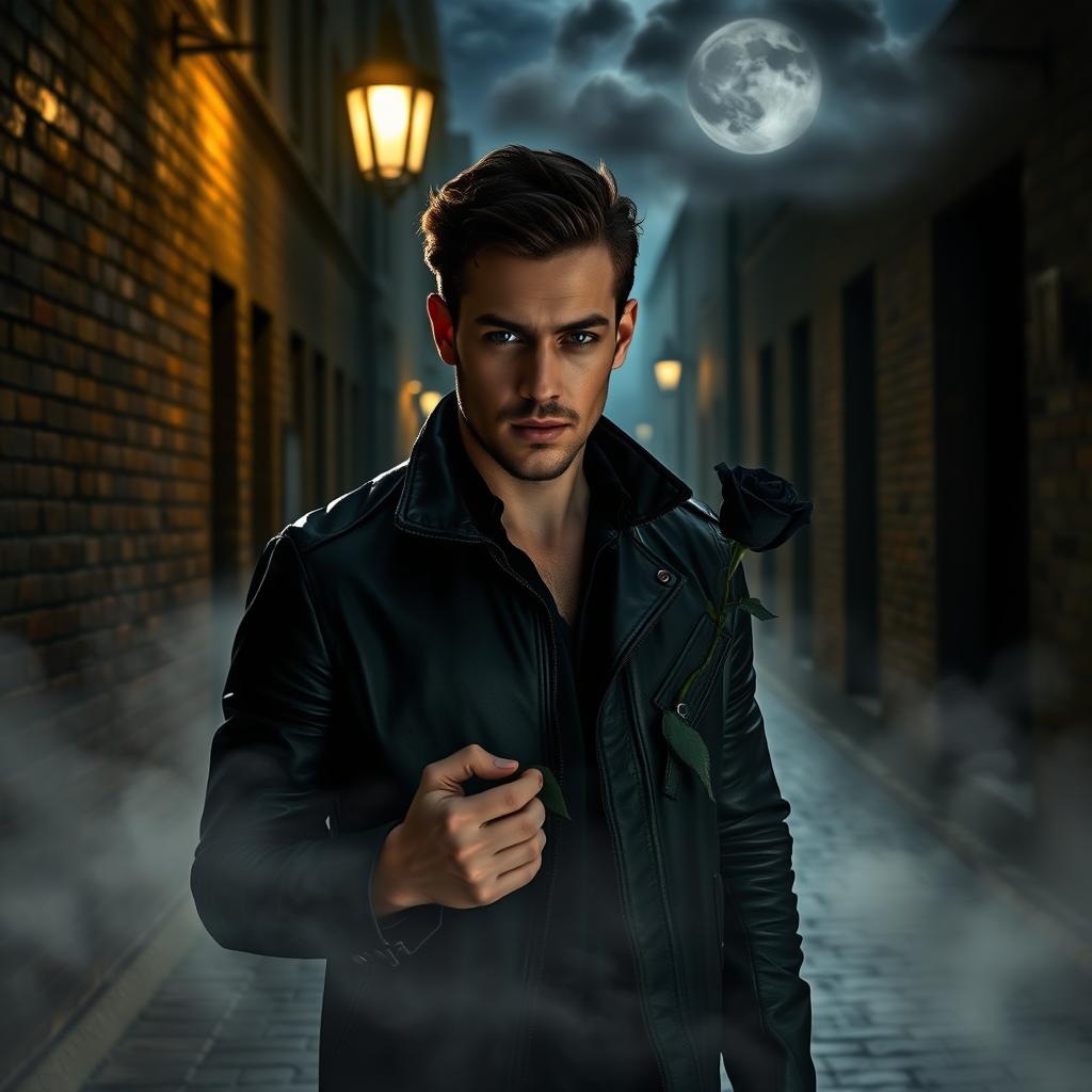 A man with a rugged appearance, wearing a dark leather jacket, stands in a dimly lit alley under a flickering streetlight, holding a velvety black rose in one hand