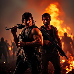 A thrilling and terrifying scene from 'Rambo 6: New Blood', featuring Sylvester Stallone as Rambo and Jon Bernthal
