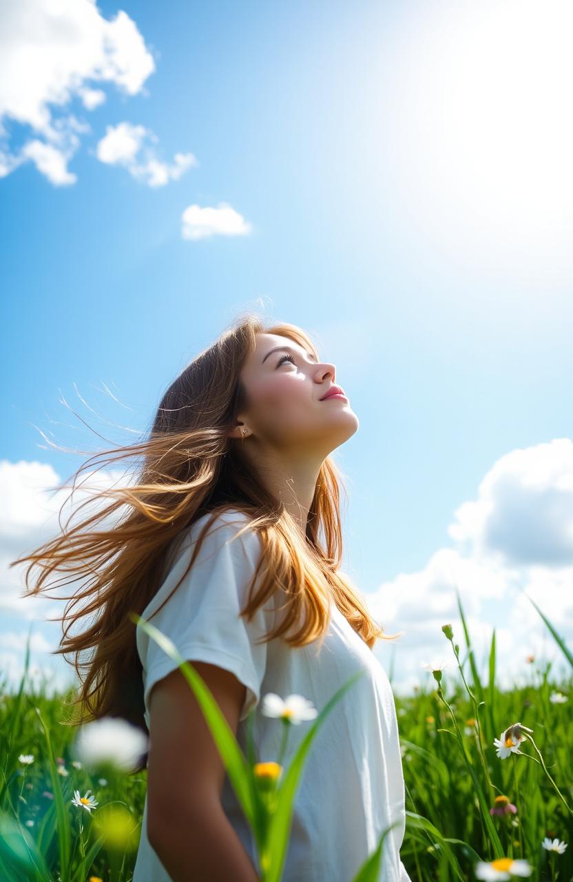 A young woman gazing up at a bright blue sky filled with fluffy white clouds