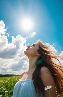 A young woman gazing up at a bright blue sky filled with fluffy white clouds