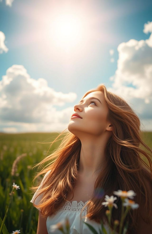 A young woman gazing up at a bright blue sky filled with fluffy white clouds