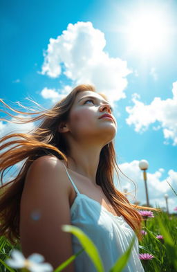 A young woman gazing up at a bright blue sky filled with fluffy white clouds